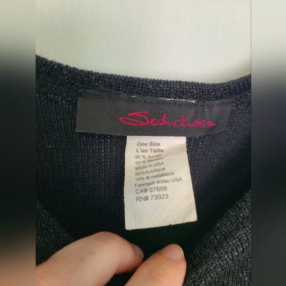 Festive Holiday Party Black Glitter Knit Cold Shoulder Silver Chain Strap Top - Picture 5 of 11